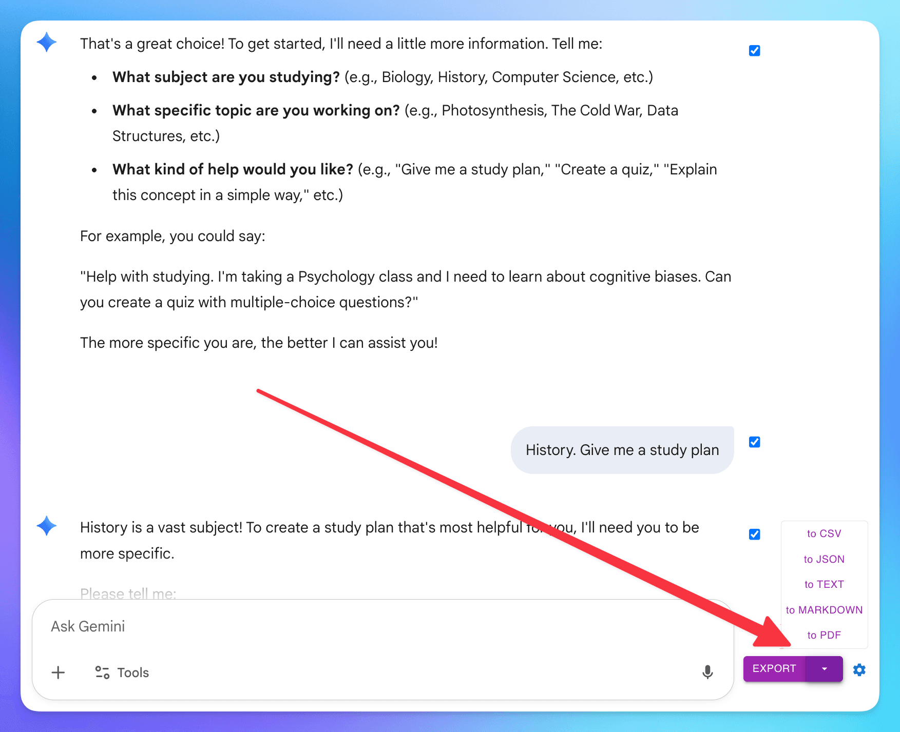 click export button to choose format to export