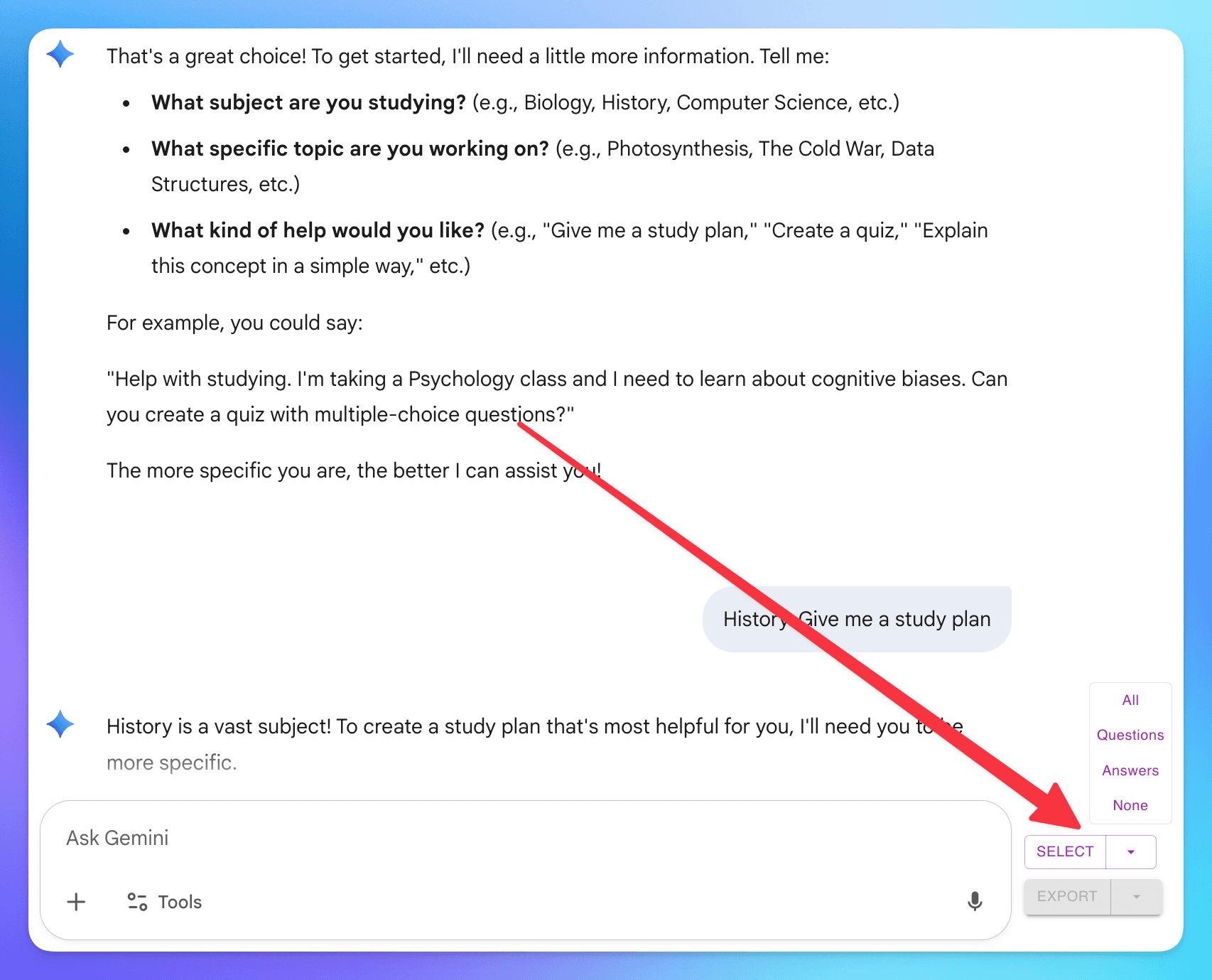 click select button to choose what to export